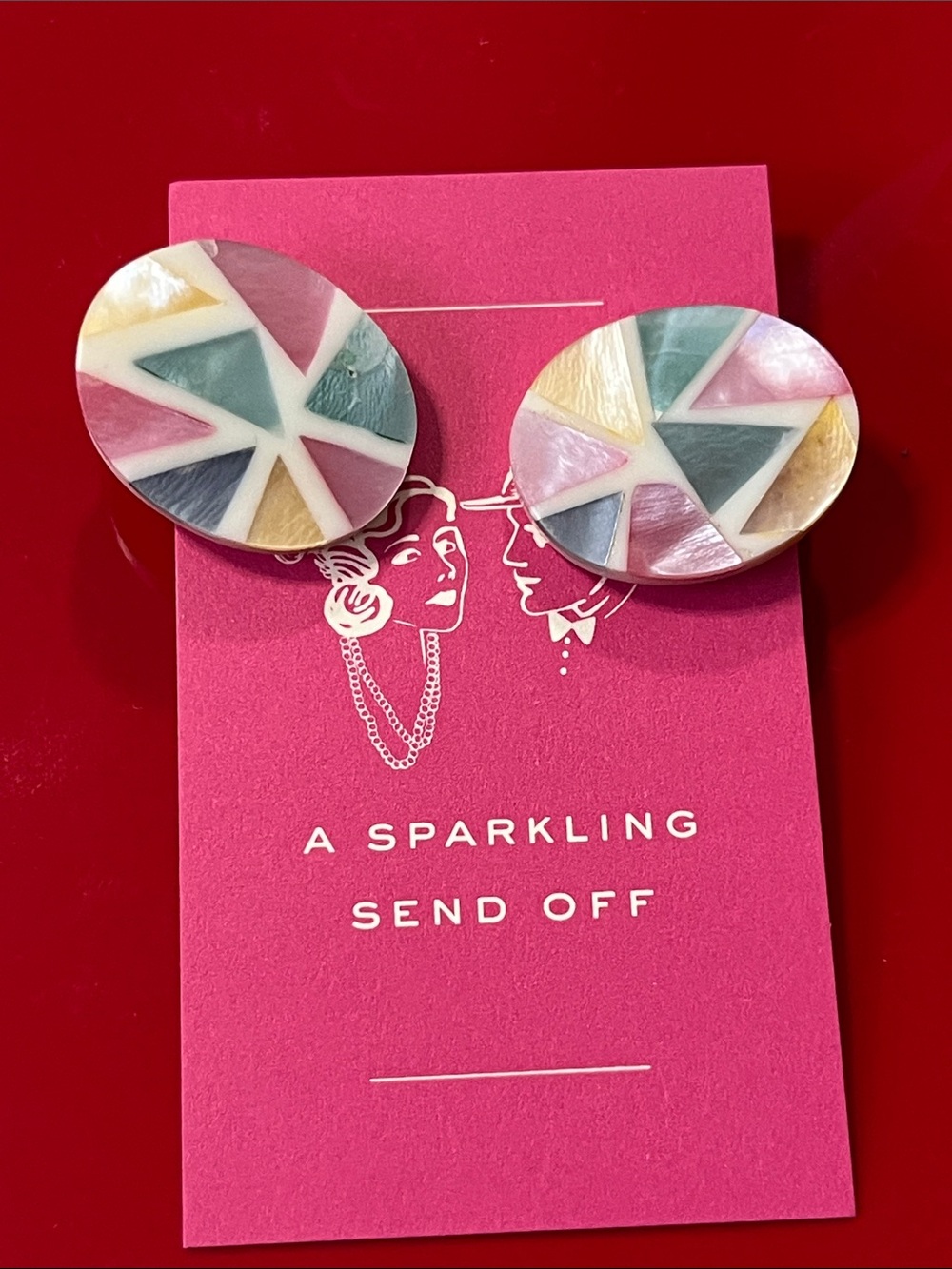 Mother of Pearl Pastel Geometric Oval Stud Earrings - Pink, Green, Cream, Gray